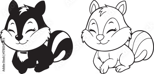 Adorable cartoon skunk and squirrel set in black and white, line art for coloring book