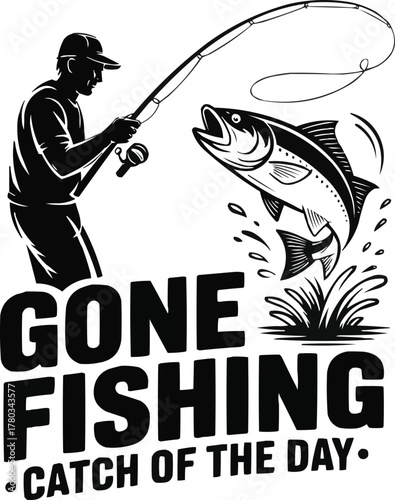 Fishing Adventure Vector T-Shirt Design  Angler, Rod, and Big Catch Illustration