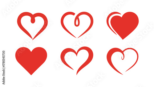 Six artistic red heart symbols for love and care