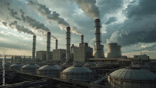 Large industrial power plant with cooling towers releasing heavy smoke and steam into the environment