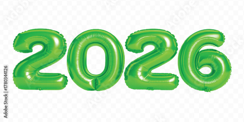 realistic 3d 2026 typography made by with different color foil balloons isolated on transparent background