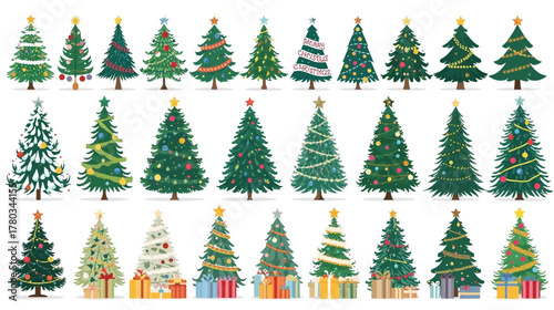 A vibrant collection of diverse Christmas trees, each uniquely decorated with ornaments, lights, and festive flair, perfect for holiday designs.