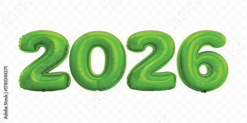 realistic 3d 2026 typography made by with different color foil balloons isolated on transparent background