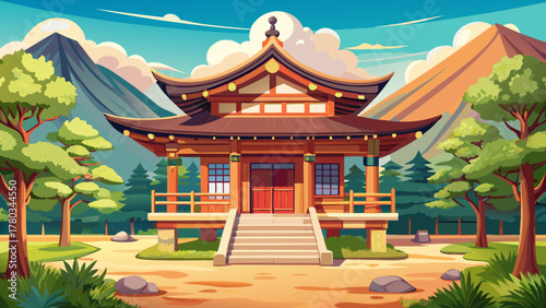 Very beautiful local rural Japanese wooden temple with traditional architecture, featuring natural timber beams, curved rooflines, and serene countryside surroundings in a realistic peaceful scene.