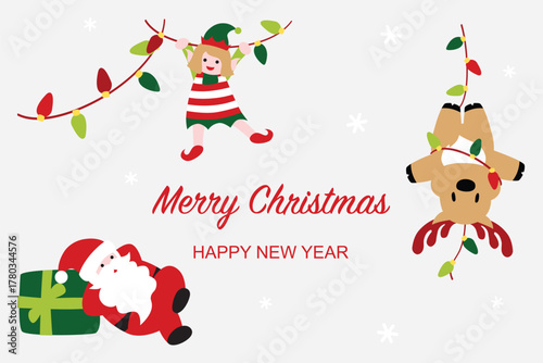 Santa, Elves and reindeer with Christmas light card