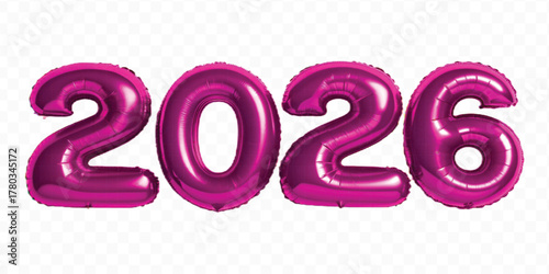 realistic 3d 2026 typography made by with different color foil balloons isolated on transparent background