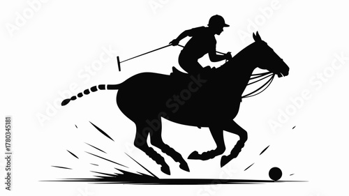 Dynamic polo match silhouette with rider and horse galloping at full speed, perfect for sports branding and equestrian designs that capture action and energy