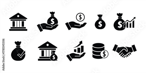 Finance icon set. Collection of economics, money, funds, investors, and more. Vector illustration.