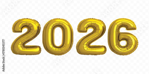 realistic 3d 2026 typography made by with different color foil balloons isolated on transparent background