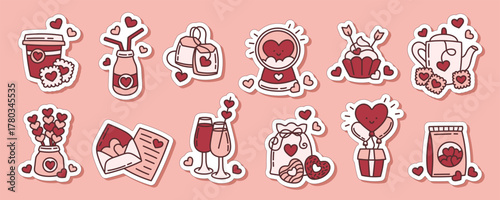 Set of pink Valentine's Day doodle stickers. Great for greeting cards, scrapbooking and gifts.