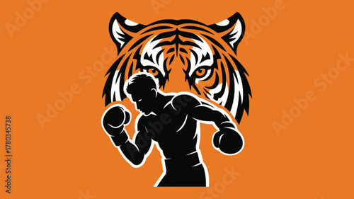 Dynamic boxer silhouette with fierce tiger backdrop ready to fight for your brand, showcasing strength and determination in a modern graphic style