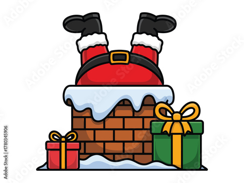 Santa Claus is stuck in the chimney with gifts around the chimney.