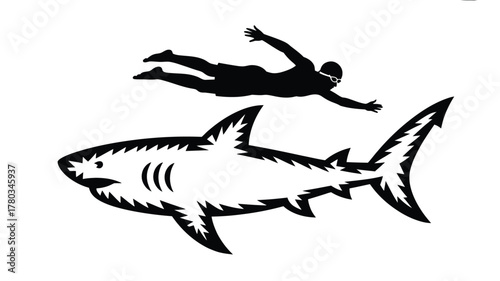 Swimmer facing a shark in the ocean, a thrilling moment of fear and bravery, adrenaline-pumping challenge, intense ocean scene, monochrome design