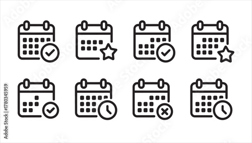 Collection of icons representing date and time management concepts and operations