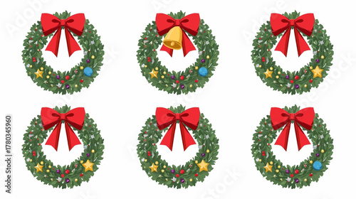 A festive arrangement showcases six vibrant Christmas wreaths, each adorned with a bright red bow and seasonal decorations, perfect for holiday celebrations.