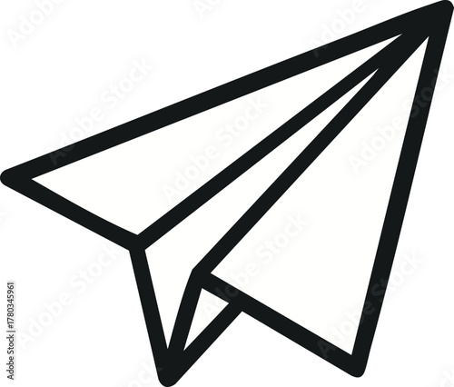 Simple black outline of a paper airplane, representing flight, travel, and childhood dreams