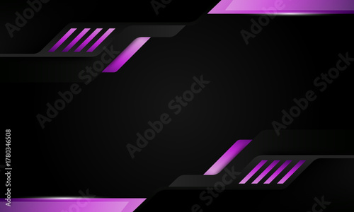 Black and neon purple geometric background design. The design features a hexagonal pattern in the background and layered, angular shapes in the foreground. vector