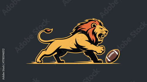 Roaring lion mascot logo ready to dominate on the football field with power and grace, perfect for sports teams and branding