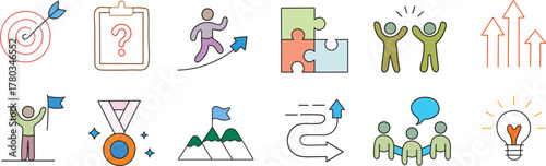 Business development, doodle symbol set for challenges. Drawing a business opportunity, career advancement, and professional objective by hand adorable, current doodle icon. Leadership concept, career