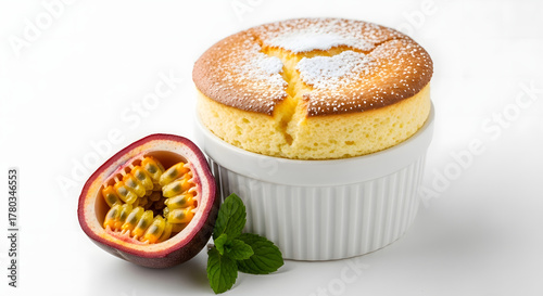 Passion fruit souffle in a white ramekin with fresh fruit  
