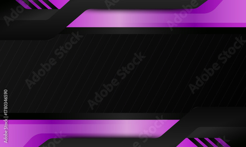 Black and neon purple geometric background design. The design features a hexagonal pattern in the background and layered, angular shapes in the foreground. vector