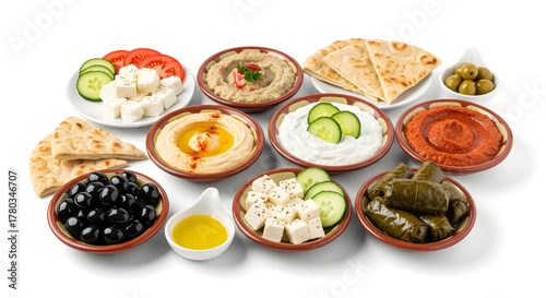 Assorted Mediterranean mezze platter with hummus, olives, and bread  