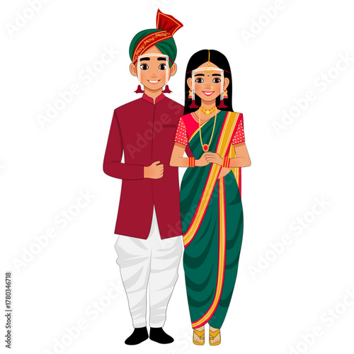Indian Newly Married Couple Vector Illustration in Traditional South Asian Attirev.
