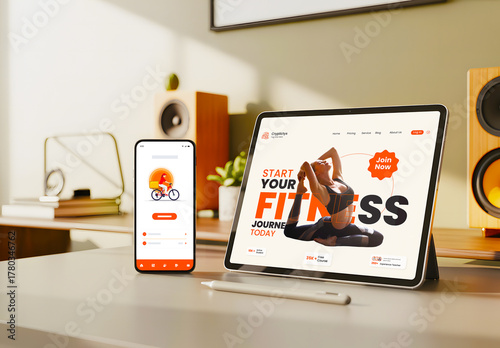 Tablet and Smartphone UI Mockup on Modern Workspace Desk