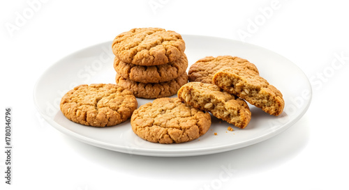 Crunchy ANZAC biscuits arranged on a white plate with one broken  