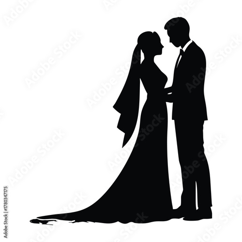 Black and white silhouette illustration of a bride and groom standing close together in a romantic vector style