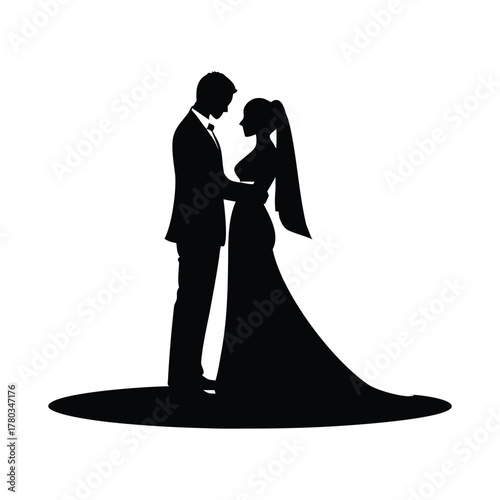 Black and white silhouette illustration of a bride and groom standing close together in a romantic vector style