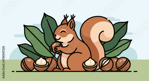 Charming Squirrel Enjoying Nuts Among Lush Greenery: A Delightful Vector Illustration