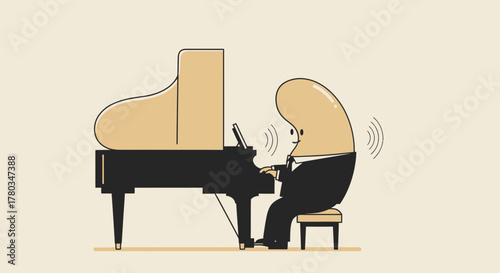 Cartoon Pianist Playing Grand Piano Musical Illustration With Sound Waves Emerging