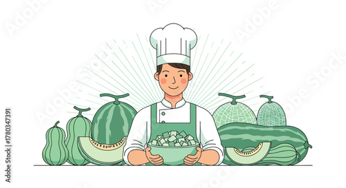 Cheerful Chef Showcasing Fresh Melons, Symbolizing Culinary Delights and Healthy Eating