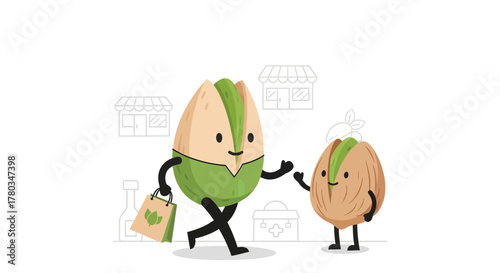 Cartoon Pistachios Shopping Together, Cheerful Nut Characters with Shopping Bag in a Minimalist