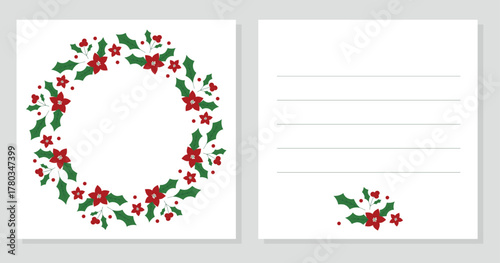 Christmas double sided card with red poinsettia and holly berries. Round holiday decor for greeting card, invitation, label, interior, banner, sale.