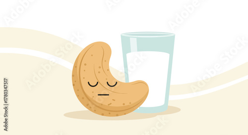 Cashew Cartoon Beside Milk Glass Illustration Representing Healthy Plant-Based Nutrition