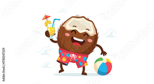 Cheerful Coconut Character Relaxes On The Beach, Drinking A Tropical Cocktail