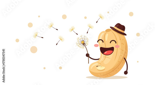 Cashew Cartoon Character Smiling With Dandelion, Cute Illustration Design
