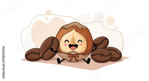 Cheerful Hazelnut Character Adorably Embracing Coffee Beans Displaying Joyful Ambiance