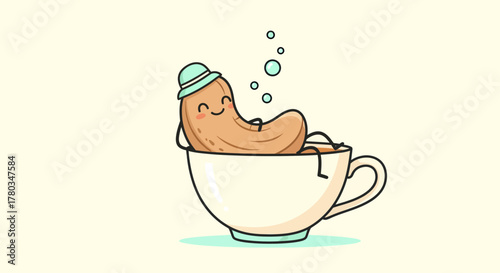 Cashew Relaxing in a Teacup with a Cute Hat, Happy and Content, Cartoon Illustration
