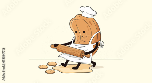 Chef Cookie Illustration: Baking Dough With Rolling Pin Delivers Freshly Baked Treats