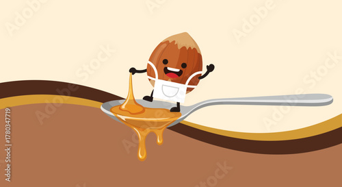 Charming Animated Hazelnut Character With Honey Making Delicious Dessert on Spoon