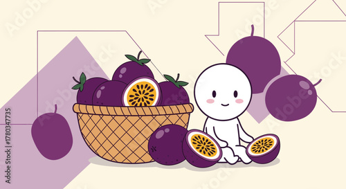 Charming Animated Illustration Depicting a Basket of Passion Fruit and a Cute Character