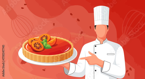 Chef Displays Exquisite Tart: Culinary Presentation with Vibrant Fruit Garnish Details