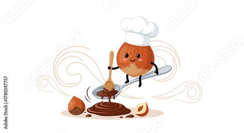 Chef Hazelnut Mixing Delicious Chocolate, Cooking Dessert, Food Cartoon Illustration
