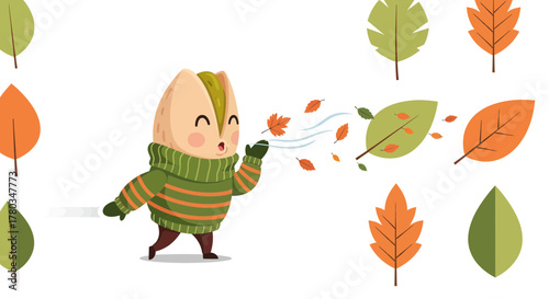 Charming Animated Pistachio Figure Blowing Leaves Depicting Seasonal Autumn Breeze