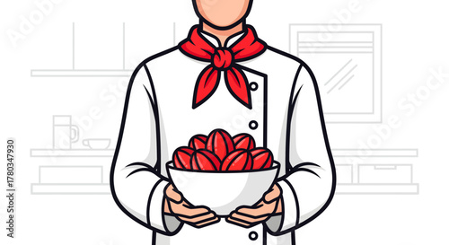 Chef Presenting a Bowl of Fresh Red Tomatoes in A Clean Restaurant Kitchen Cartoon