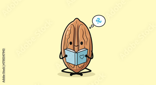 Charming Nut Character Thinking While Reading a Book with a Question Mark Above It