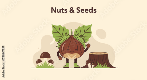 Charming Nut Character Smiling Near Mushrooms and Tree Stump Cartoon Illustration